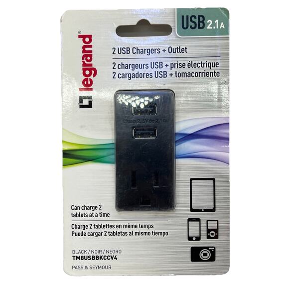 LeGrand 2 USB 2.1A Chargers + 1 Outlet, Black, 125V. {106}. - Picture 1 of 9
